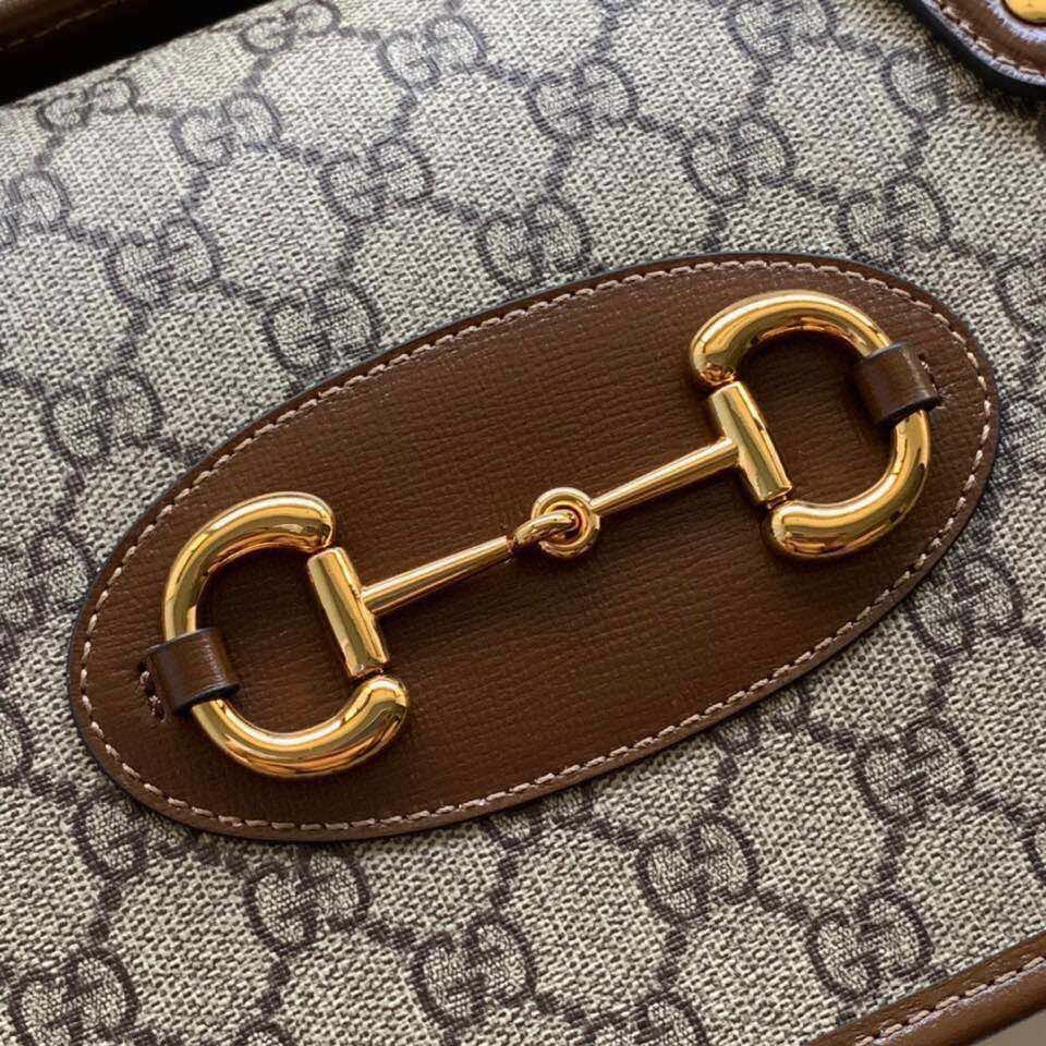 Gucci Horsebit 1955 Small 27 Bag in Beige Canvas and Brown Calfskin