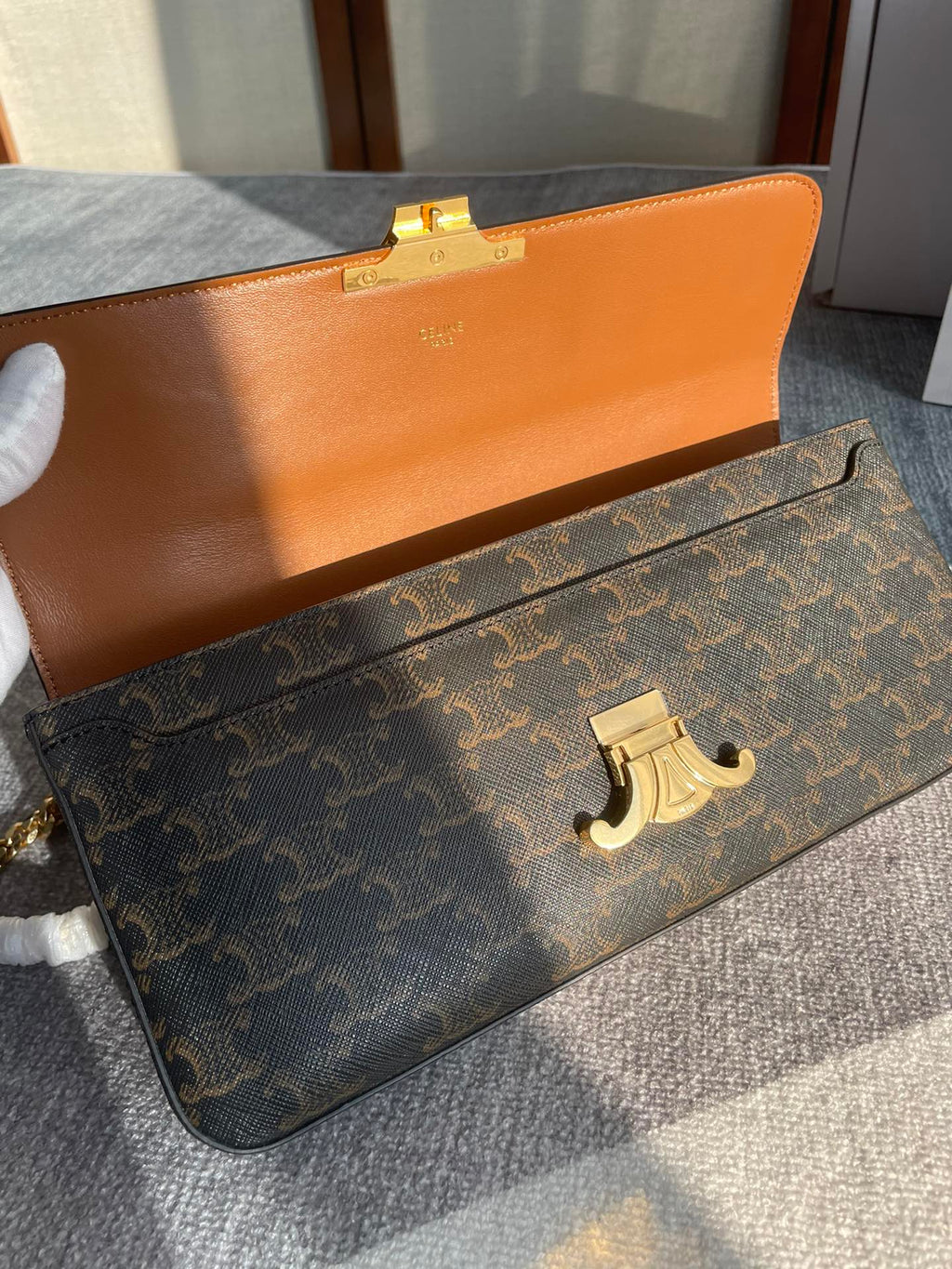 Celine Chain Shoulder Bag Claude 33 in Black Triomphe Canvas Gold Hardware