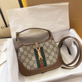 Gucci Jackie 1961 Small 28 Shoulder Bag in Beige Canvas and Brown Calfskin