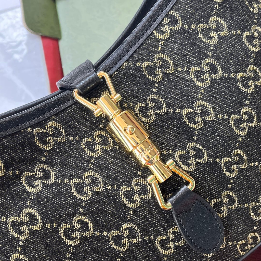 Gucci Jackie 1961 Shoulder Bag 28 in Black Yellow Denim and Black Calfskin Trim Gold Hardware