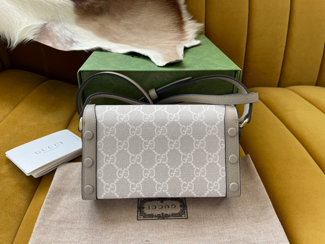 Gucci Horsebit 1955 Mini 18 Bag White Canvas and Beige Calfskin