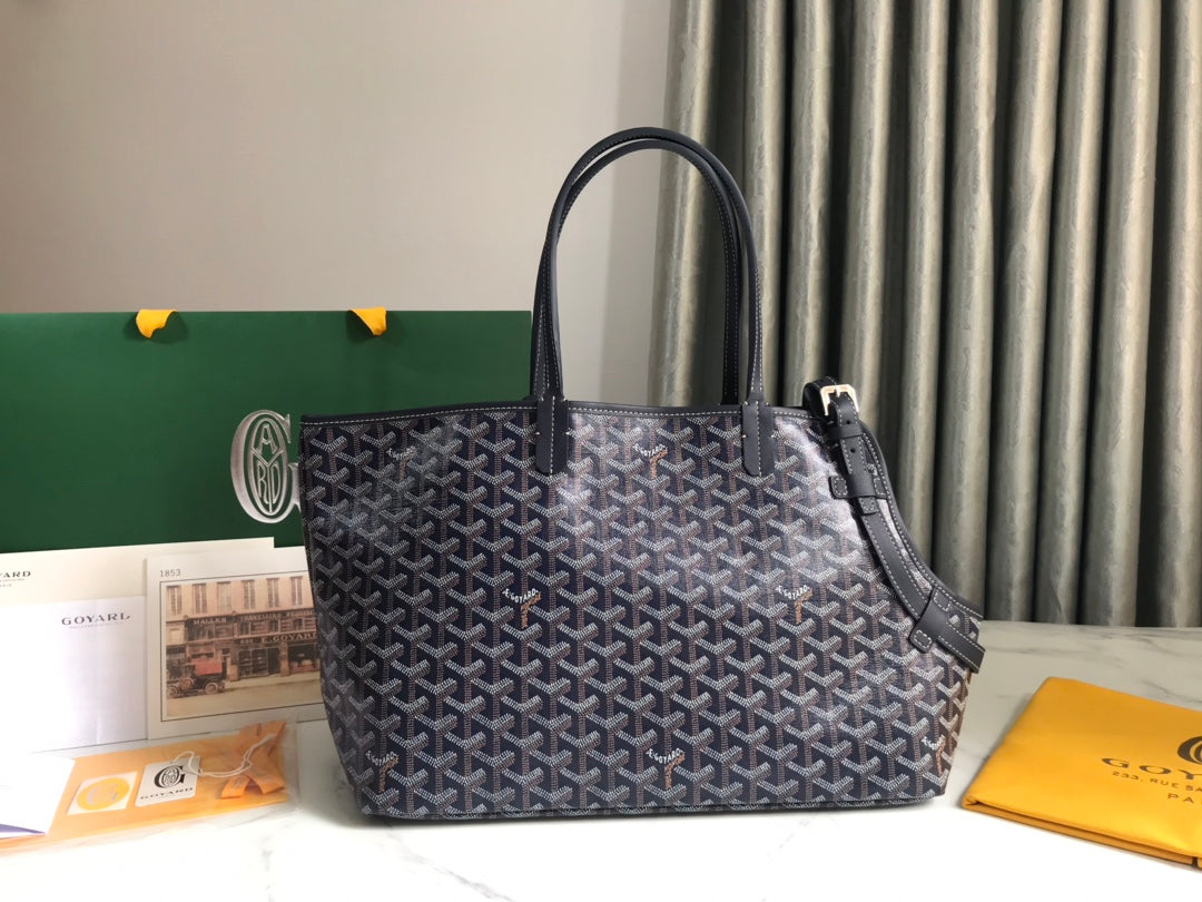 Goyard Chien Gris Bag 33 in Navy Blue Goyardine Canvas and Tan Calfskin Trim