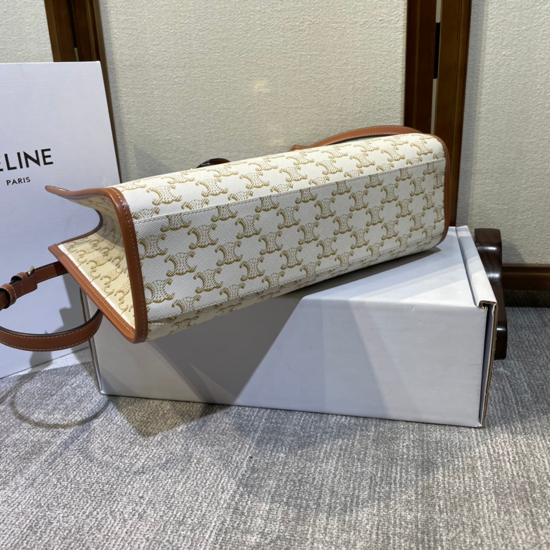 Celine 25S Horizontal Cabas 34mm in White Triomphe Canvas and Brown Calfskin Bag