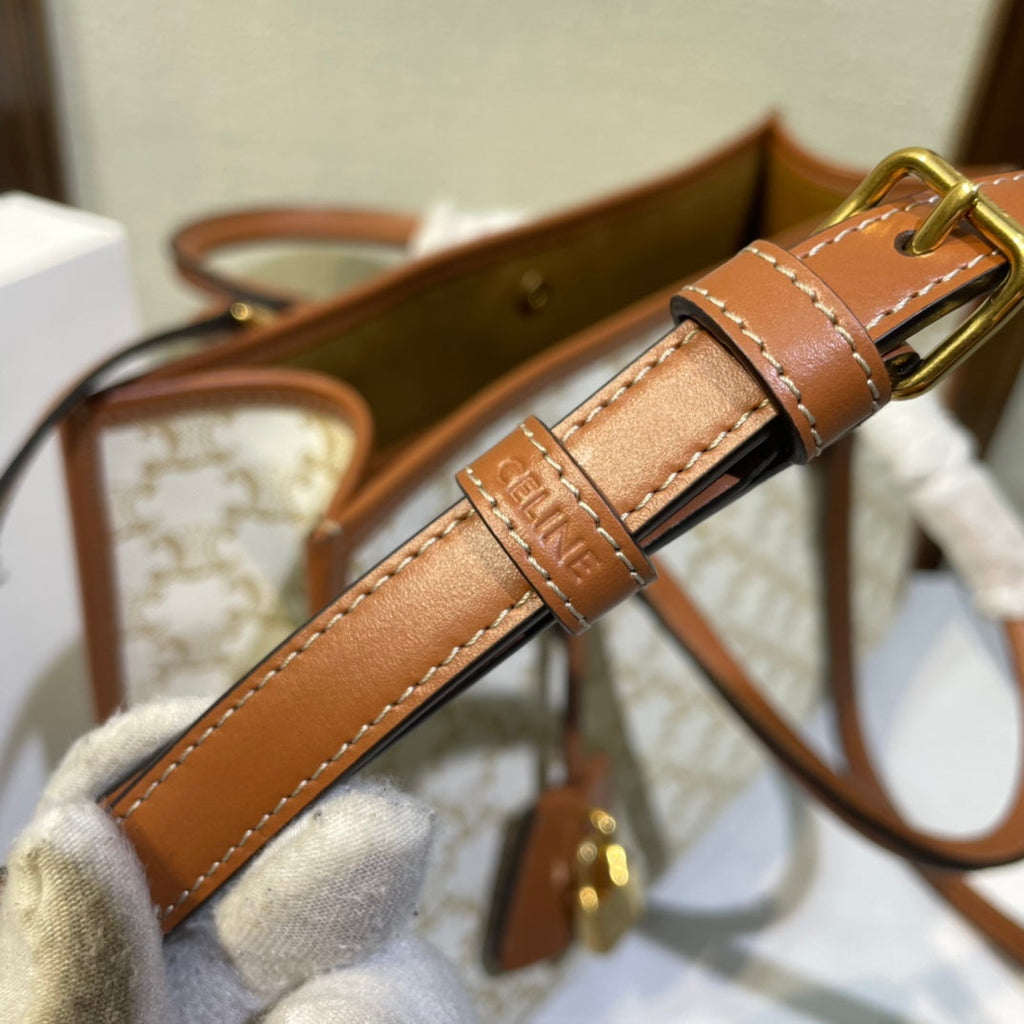 Celine 25S Horizontal Cabas 34mm in White Triomphe Canvas and Brown Calfskin Bag