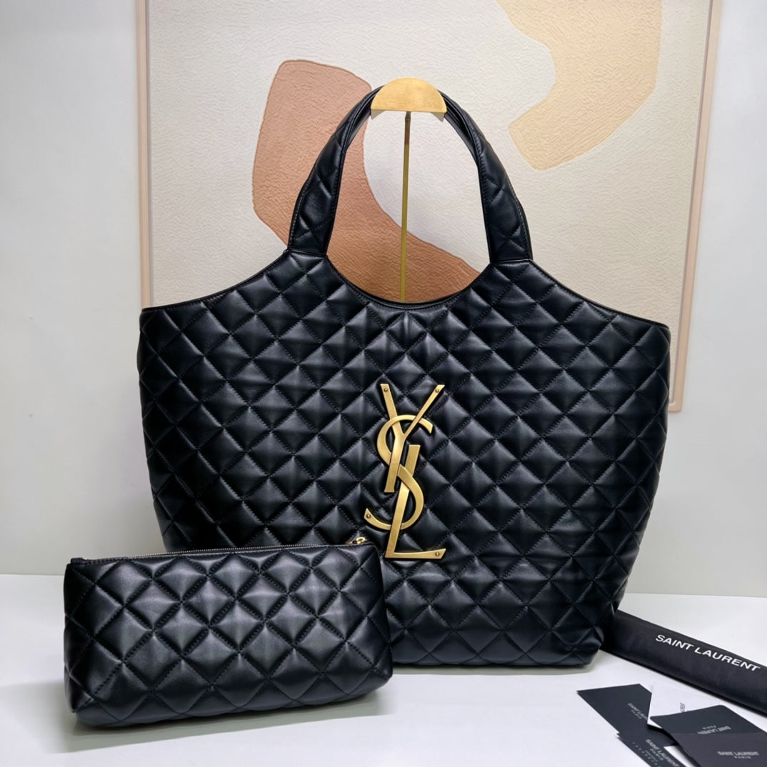 Saint Laurent Icare 58 Maxi Shopping Bag in Black Lambskin Gold-Tone Metallic