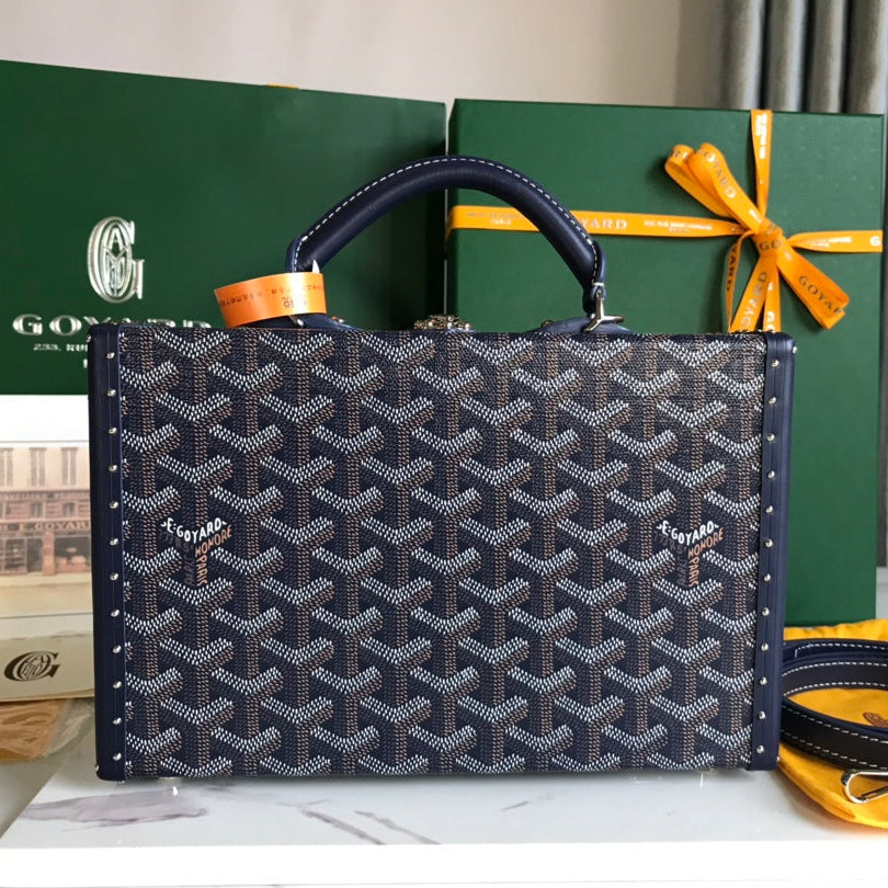 Goyard Grand Hôtel Trunk Bag 24 in Navy Blue Goyardine Canvas and Calfskin