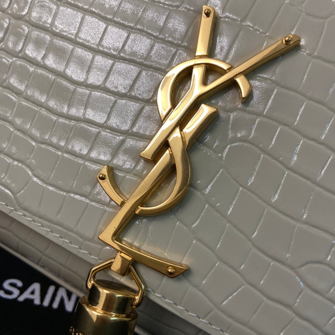 Saint Laurent Kate Tassel 24 Crocodile Pattern Calfskin White with Gold Logo Bag