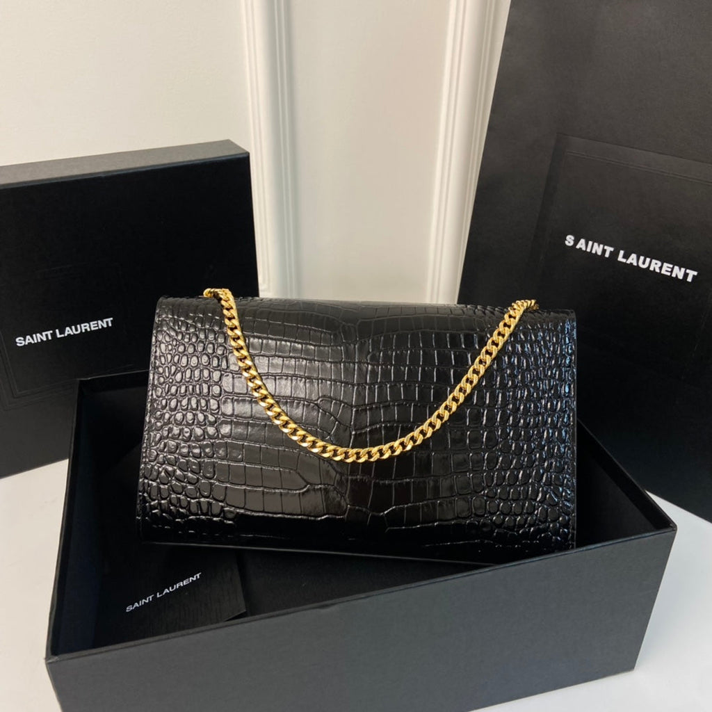 Saint Laurent Kate Tassel 24 Crocodile Pattern Calfskin Black with Gold Logo Bag