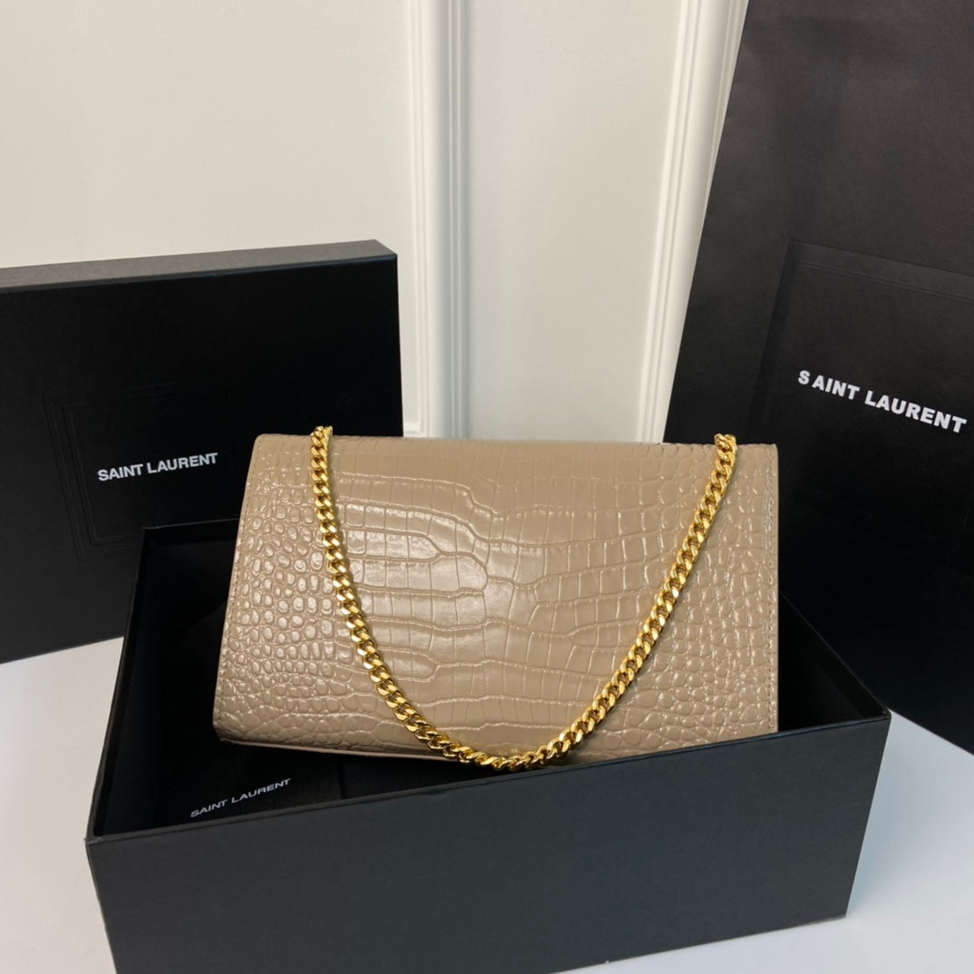 Saint Laurent Kate Tassel 24 Crocodile Pattern Calfskin Beige Cream with Gold Logo Bag