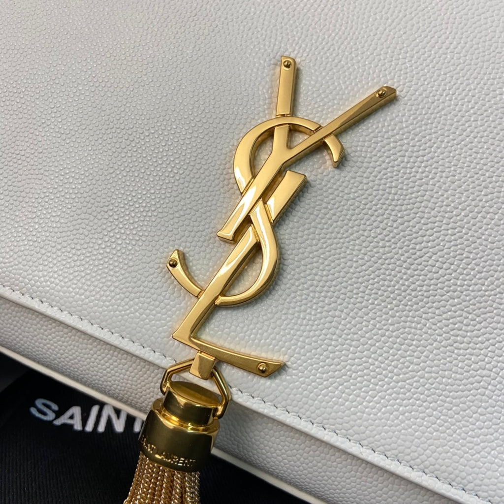 Saint Laurent Kate Tassel 24 White Calfskin with Gold Logo Bag