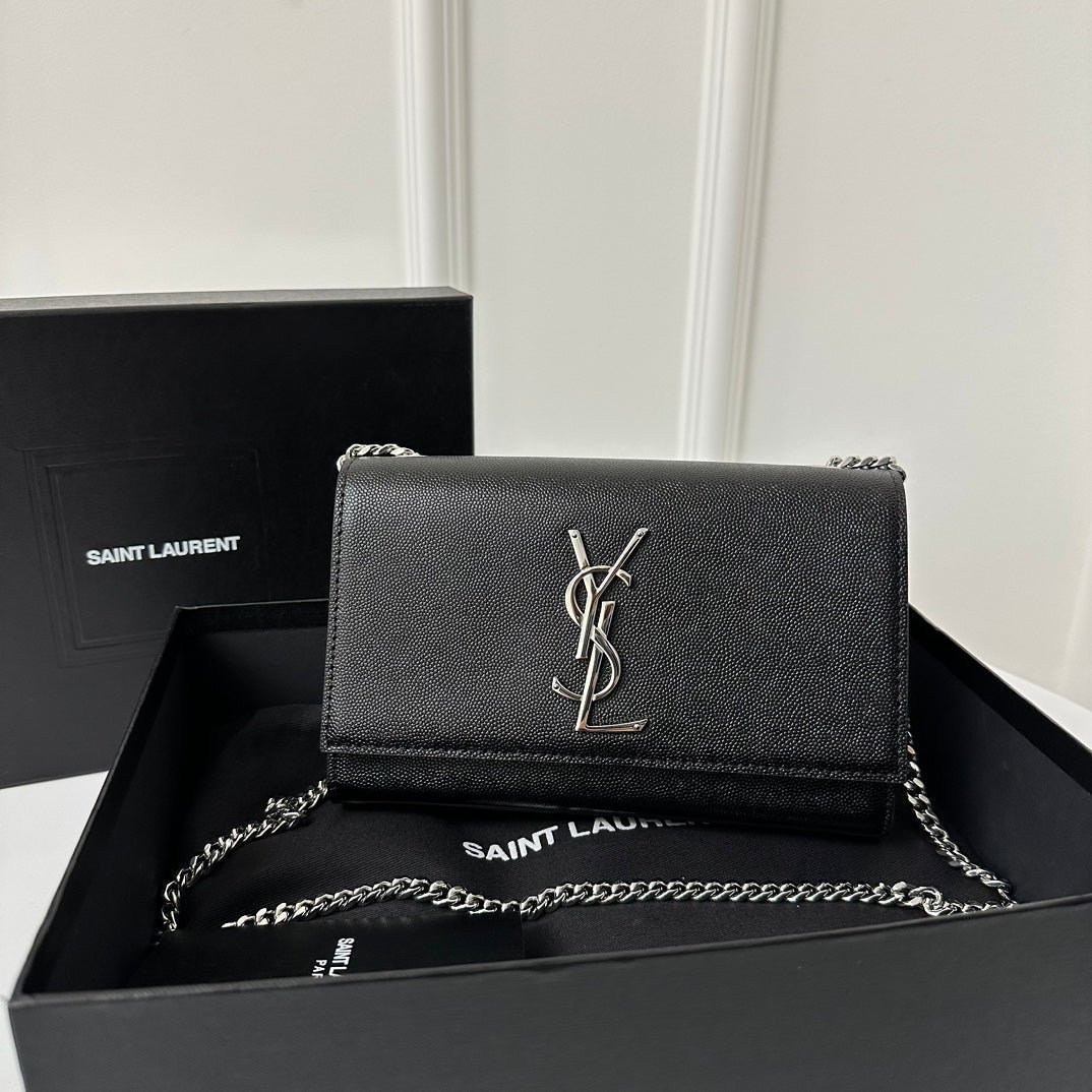Saint Laurent Kate 20 Small in Calfskin Black with Silver Logo Bag