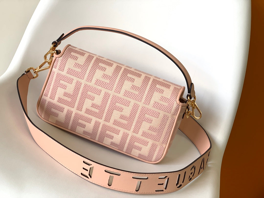 Fend Baguette Pink Canvas Bag 27 with Ff Embroidery Ghw