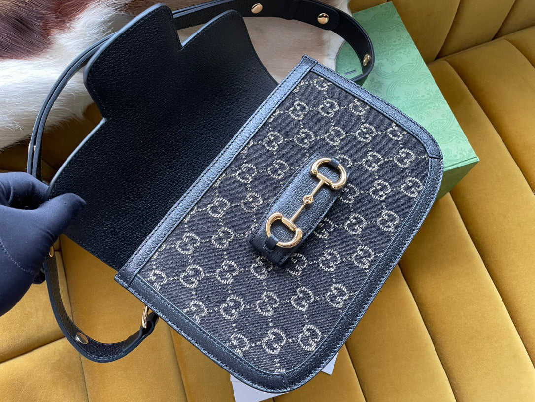 Gucci Horsebit 1955 Saddle Bag 25 in Black Canvas and Calfskin