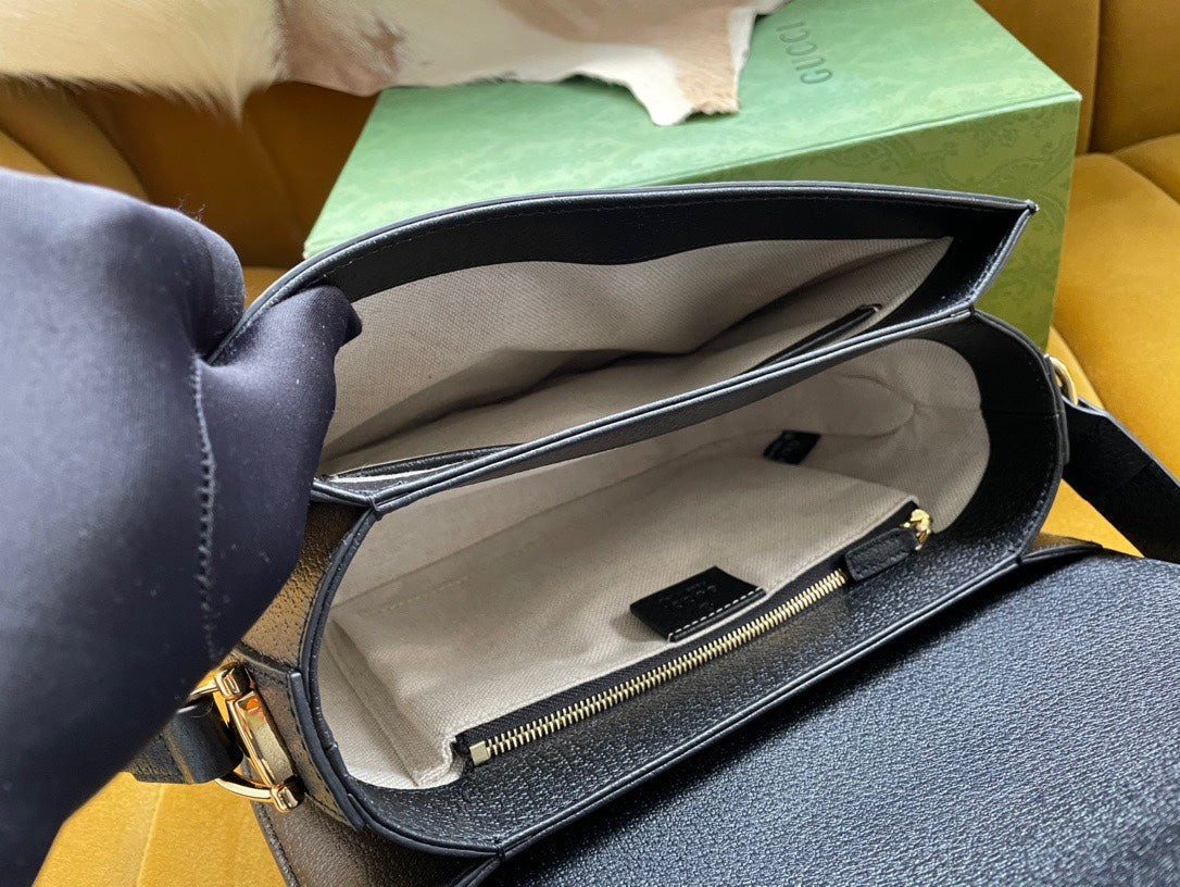 Gucci Horsebit 1955 Saddle Bag 25 in Black Canvas and Calfskin