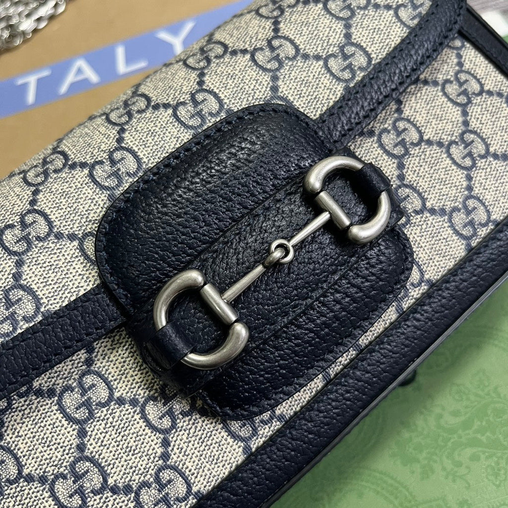 Gucci Horsebit 1955 Bag 24 in Beige Canvas and Black Calfskin