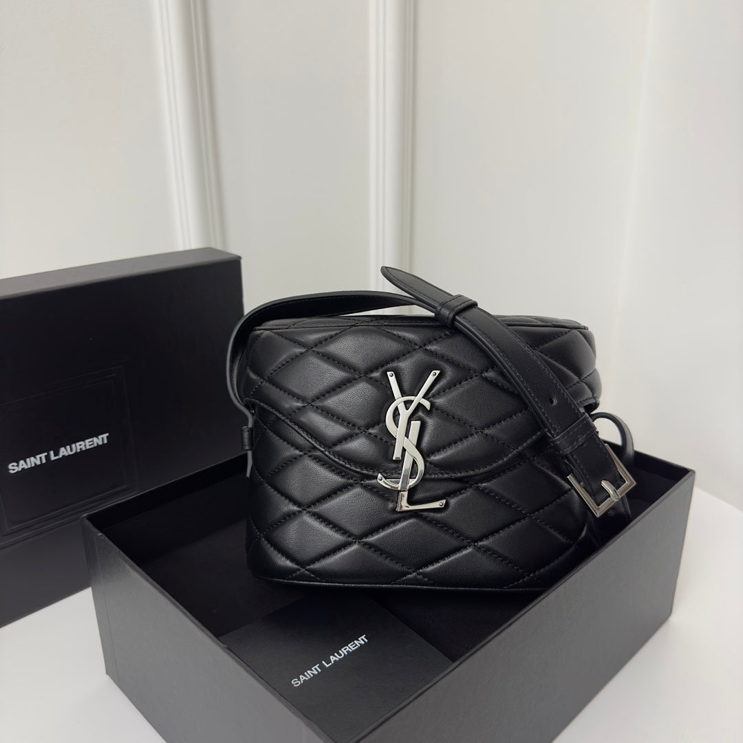 Saint Laurent June 19 Black Quilted Lambskin with Silver Logo Box Bag