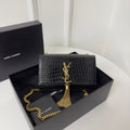 Saint Laurent Kate Tassel 20 Black Crocodile Pattern Calfskin with Gold Logo Bag