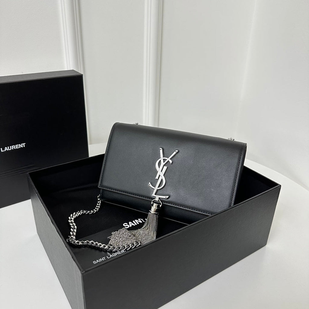 Saint Laurent Kate Tassel 20 Black Calfskin with Silver Logo Bag