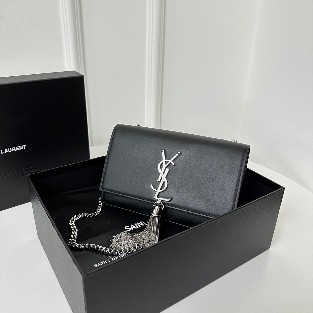 Saint Laurent Kate Tassel 20 Black Calfskin with Silver Logo Bag
