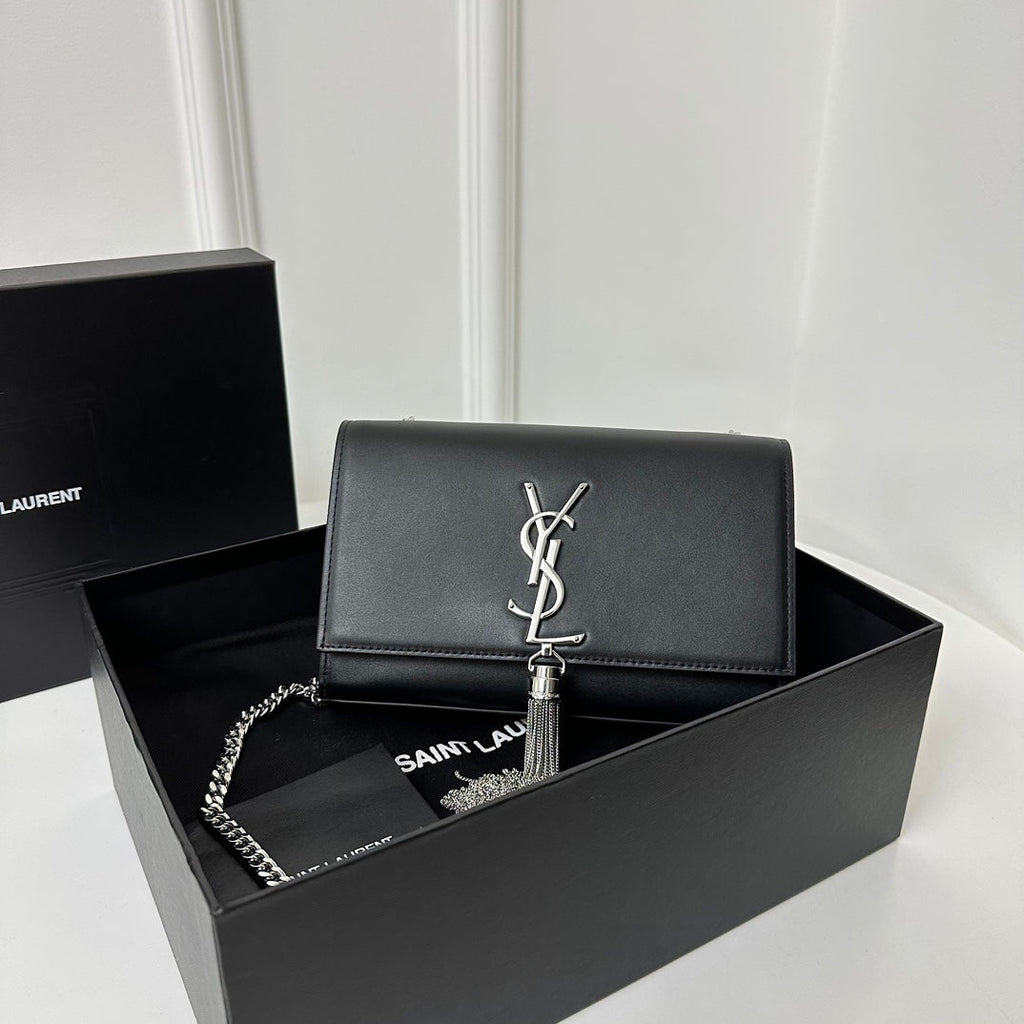 Saint Laurent Kate Tassel 20 Black Calfskin with Silver Logo Bag