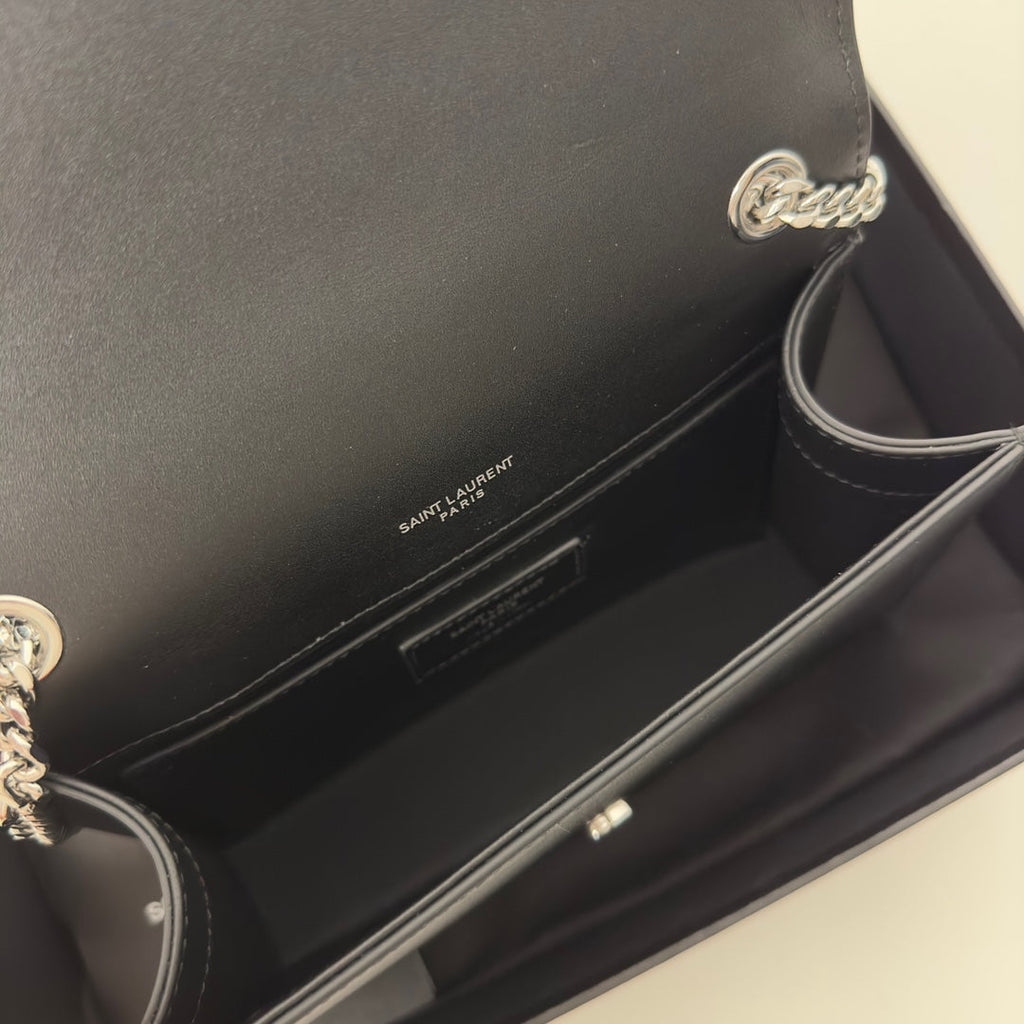 Saint Laurent Kate Tassel 20 Black Calfskin with Silver Logo Bag