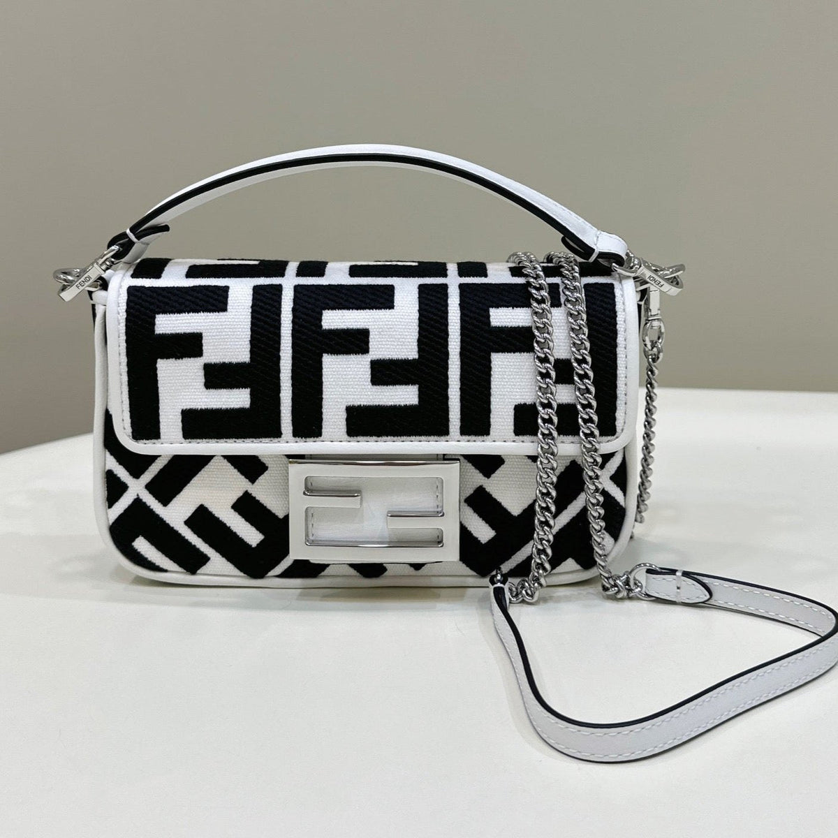 Fendi 19 Baguette Bag in Black Mix White Canvas with Gold Hardware