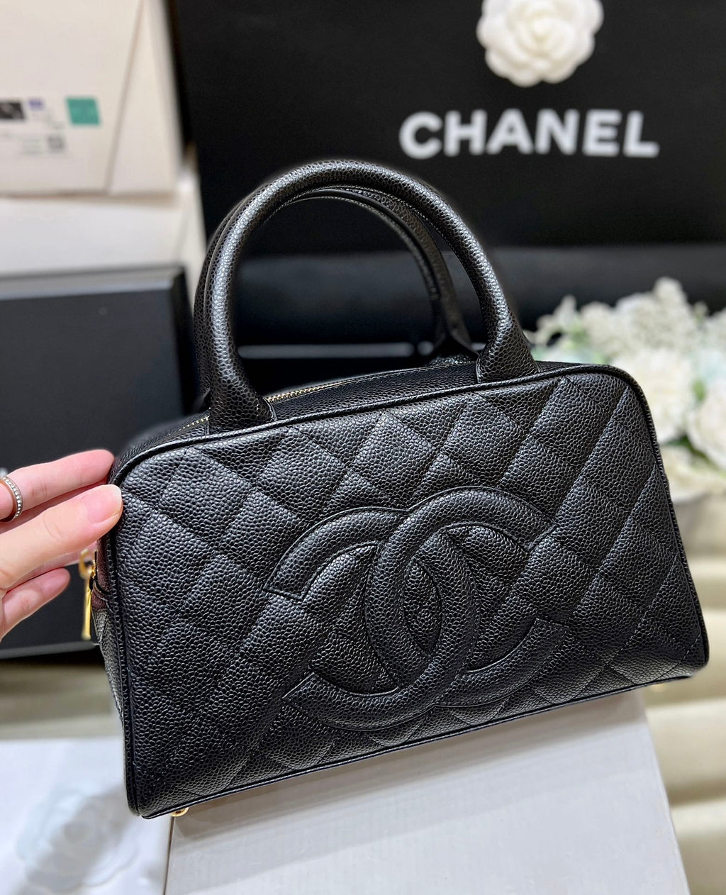 Chanel 25S Quilted Caviar Bowling Bag 27 in Black Calfskin