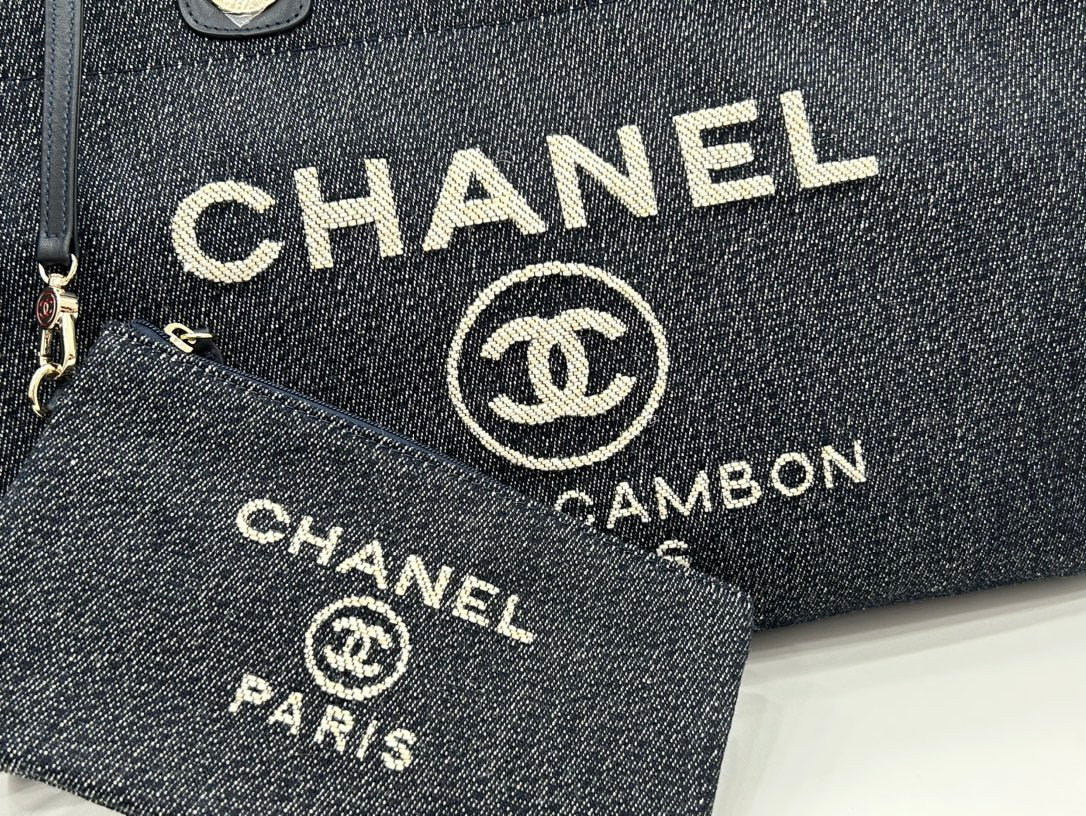 Chanel Deauville Large 38 Tote Bag in Dark Navy Canvas with White Logo Embroidered
