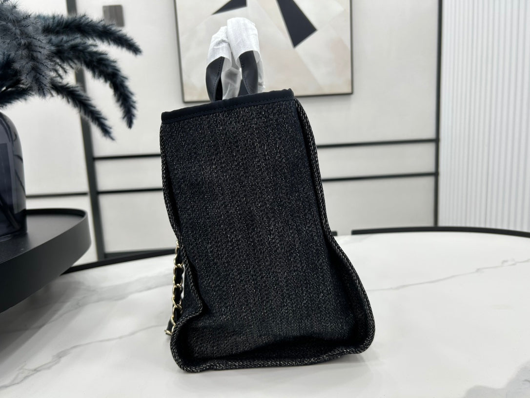 Chanel Deauville Large 38 Tote Bag in Dark Navy Canvas with White Logo Embroidered