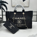 Chanel Deauville Large 38 Tote Bag in Dark Navy Canvas with White Logo Embroidered