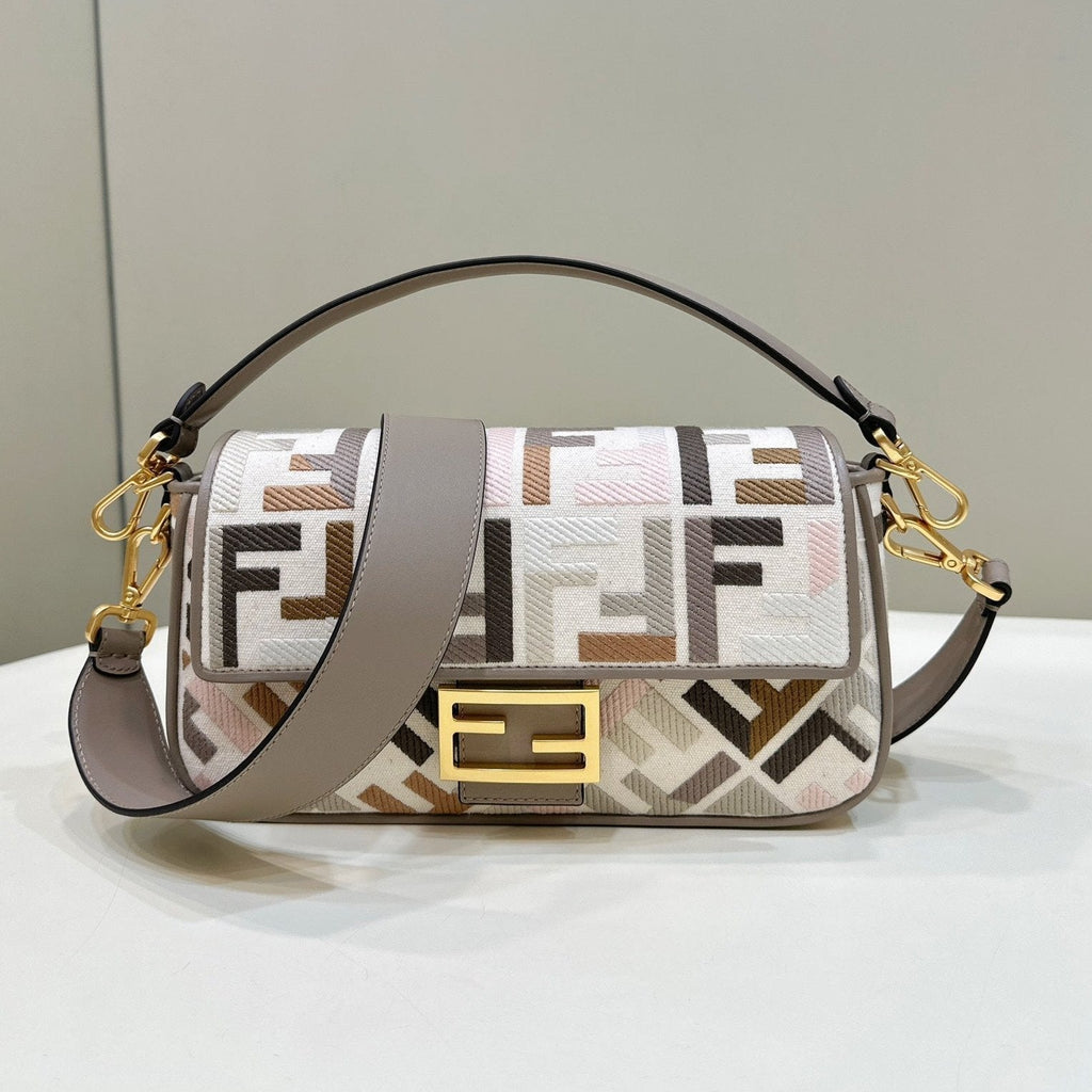 Baguette Canvas 27 Bag Grey Strap with Multicolour Embroidery Gold Hardware