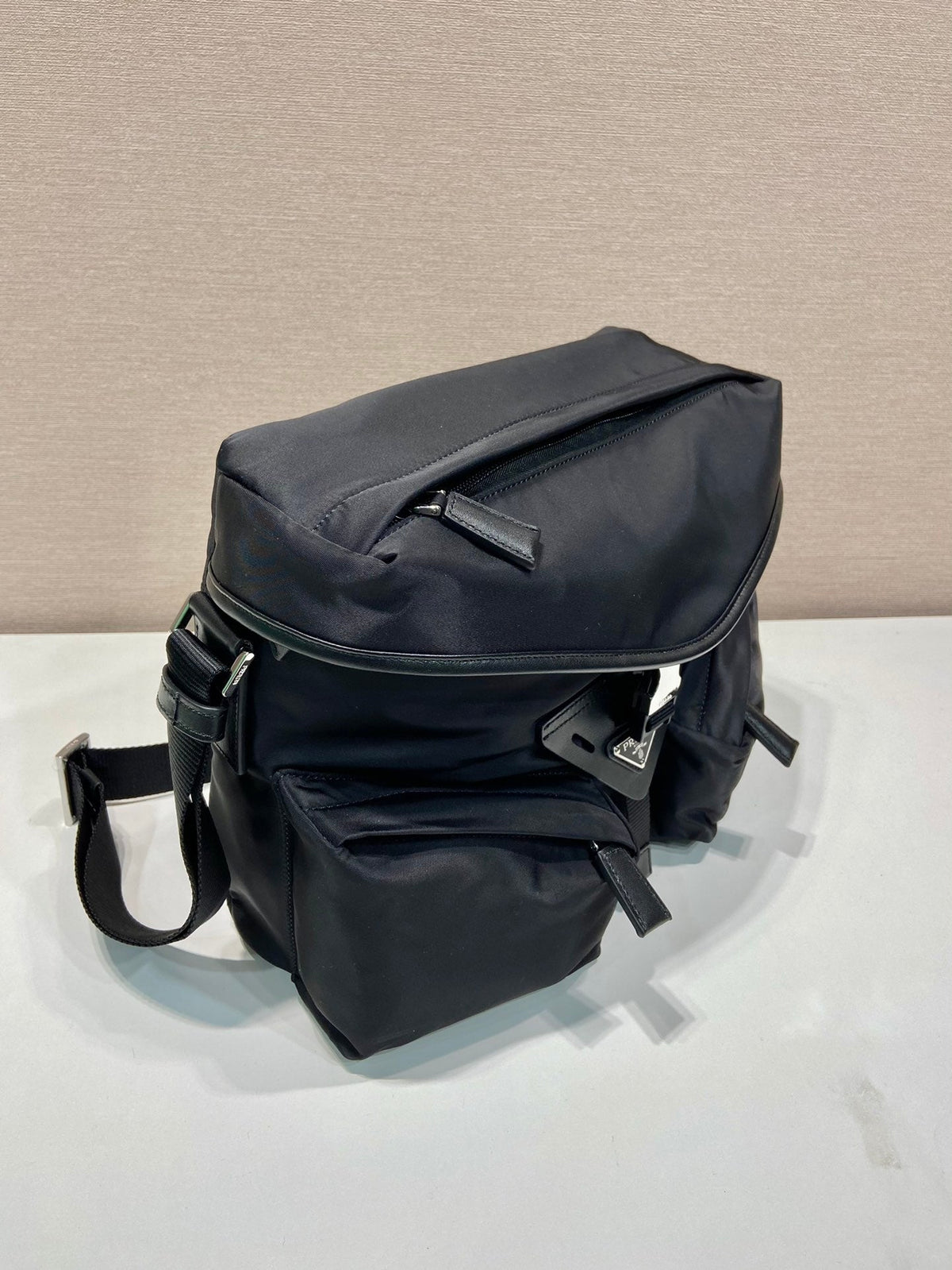 Prada Crossbody Bag 29 in Black Re-Nylon and Calfskin Trim