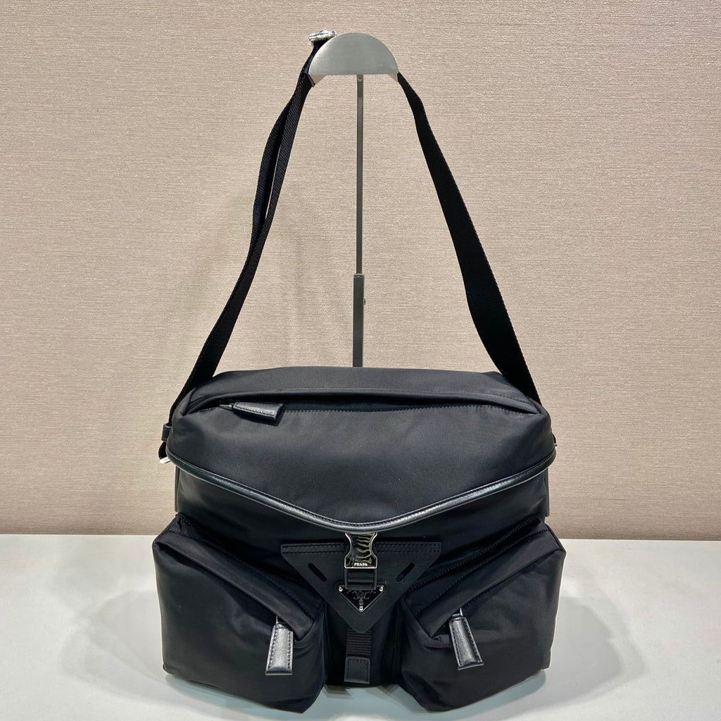 Prada Crossbody Bag 29 in Black Re-Nylon and Calfskin Trim