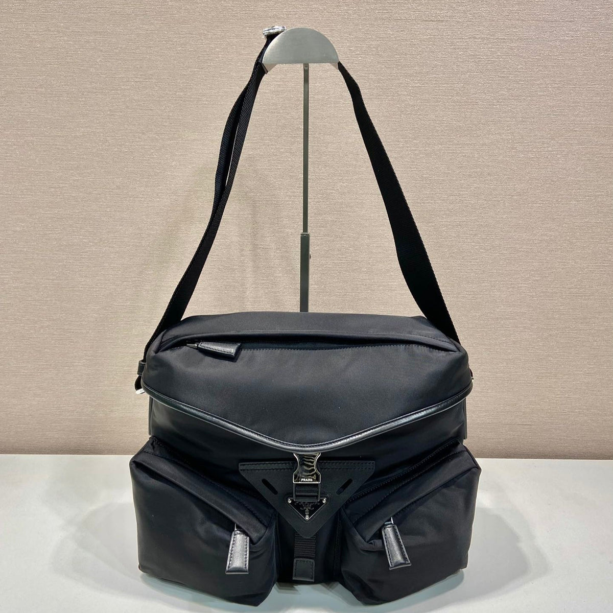 Prada Crossbody Bag 29 in Black Re-Nylon and Calfskin Trim