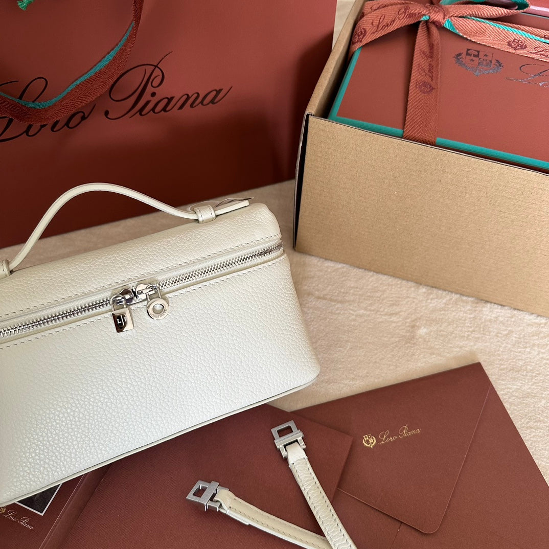 Loro Piana Extra Pocket L19 in White Grained Calfskin with Silver Hardware Bag