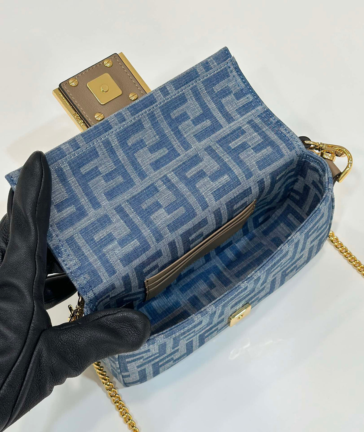 Baguette Mini 19 Bag in Cerulean Blue Monogram Denim with Gold Hardware