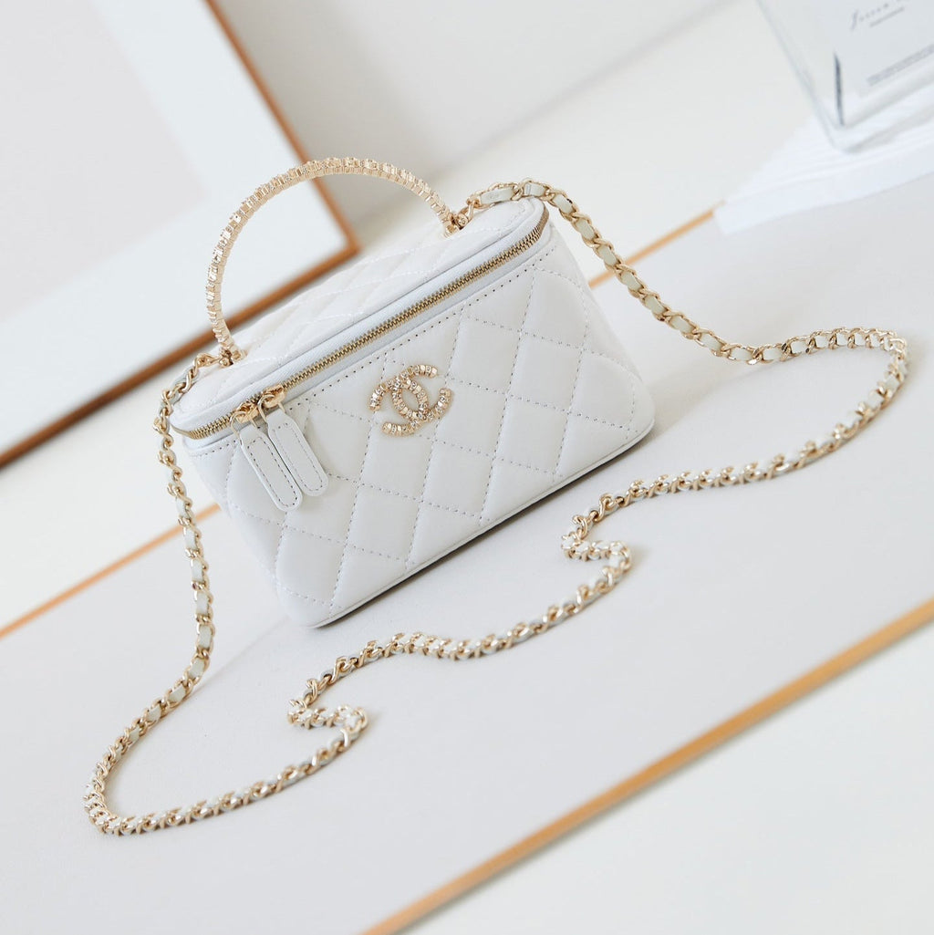 Chanel 25S Mini Vanity Bag 16 cm in White Lambskin with Crystal-Embellished Logo