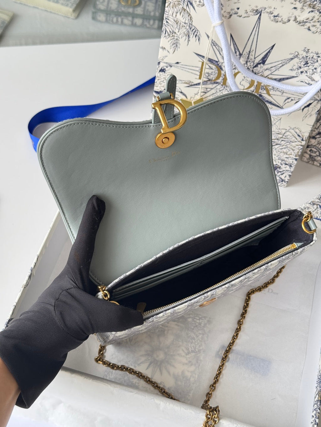 Dior 25S Medium Saddle Pouch with Chain 21 in Gray Dior Oblique Jacquard Canvas