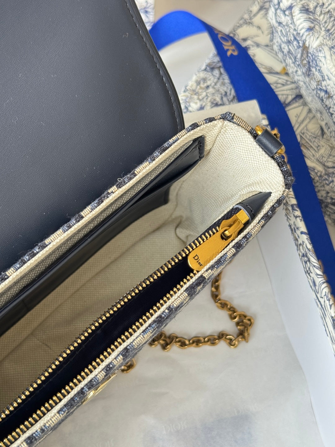 Dior 25S Medium Saddle Pouch with Chain 21 in Blue Dior Oblique Jacquard Canvas