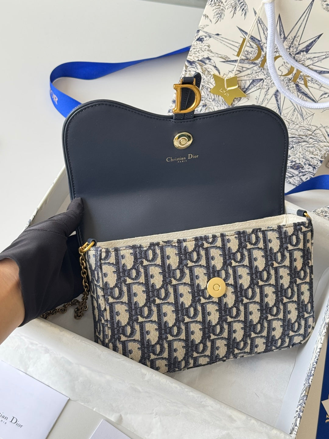 Dior 25S Medium Saddle Pouch with Chain 21 in Blue Dior Oblique Jacquard Canvas