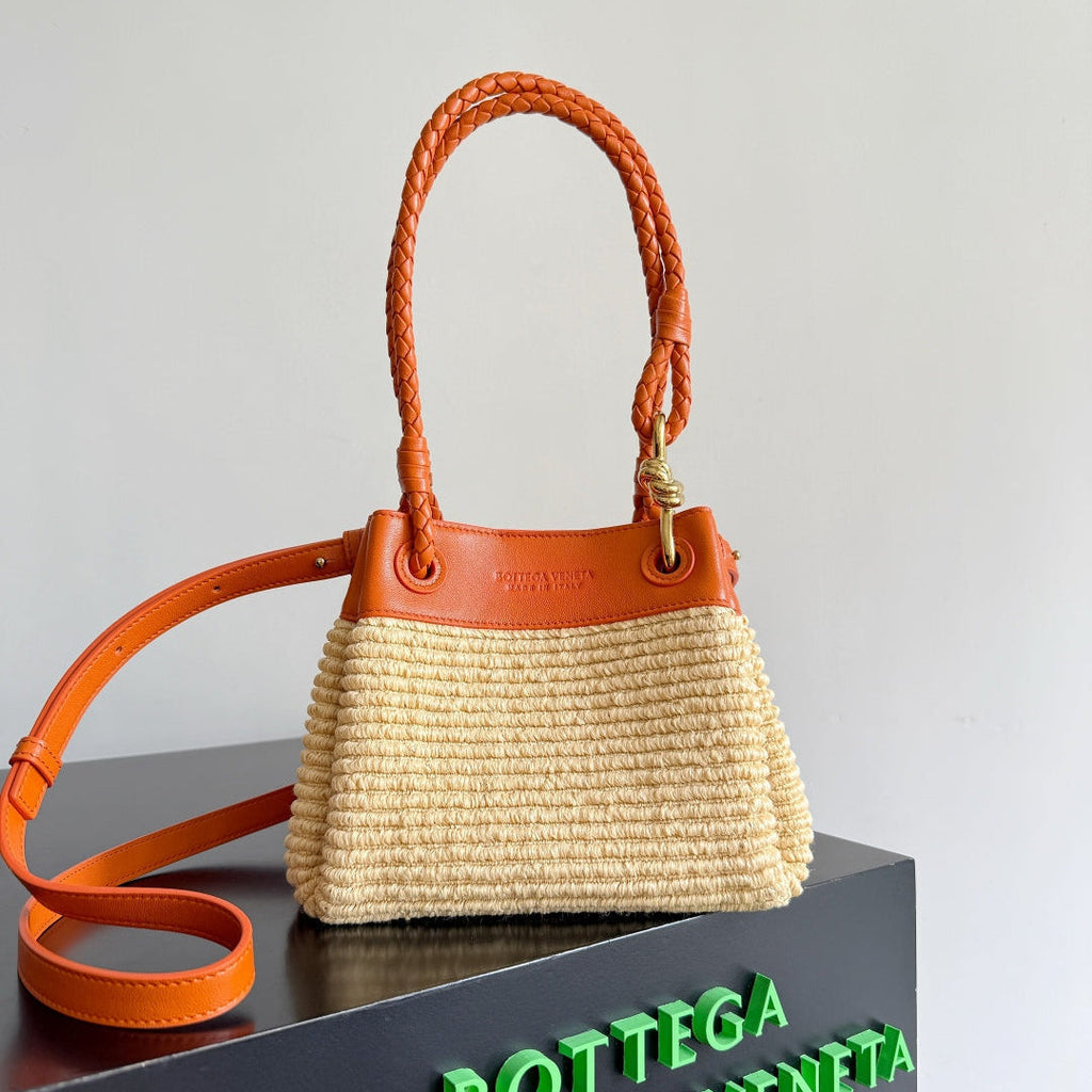 Bottega Veneta 25S Small Parachute 20 in Burned Orange Calfskin and Raffia Bag