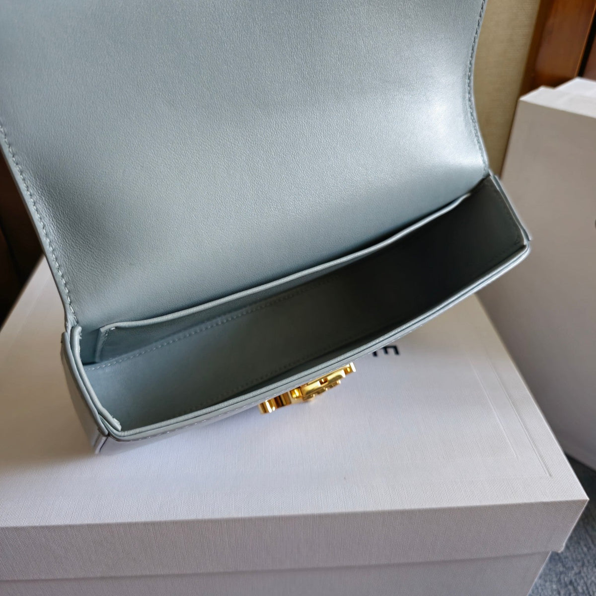 Celine Chain Embossed Armpit Bag 20 in Cool Gray Blue Calfskin