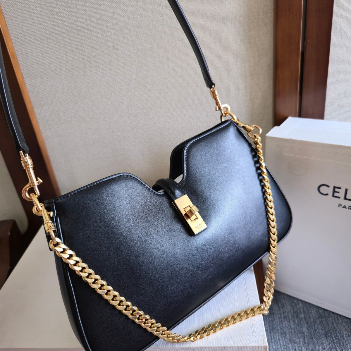 Celine 25S Shoulder Camille 16 Soft 27mm in Black Calfskin Gold Hardware Bag