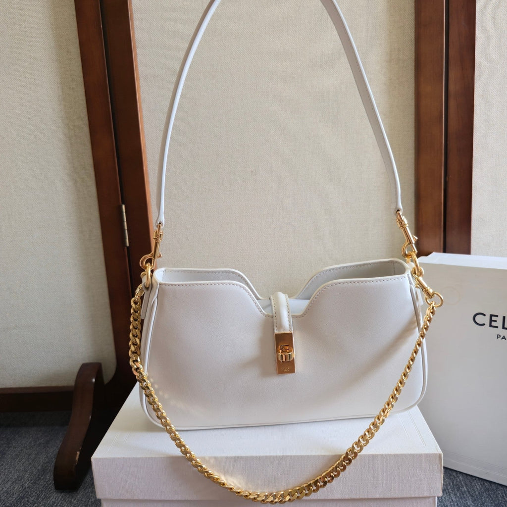 Celine 25S Shoulder Camille 16 Soft 27mm in White Calfskin Gold Hardware Bag