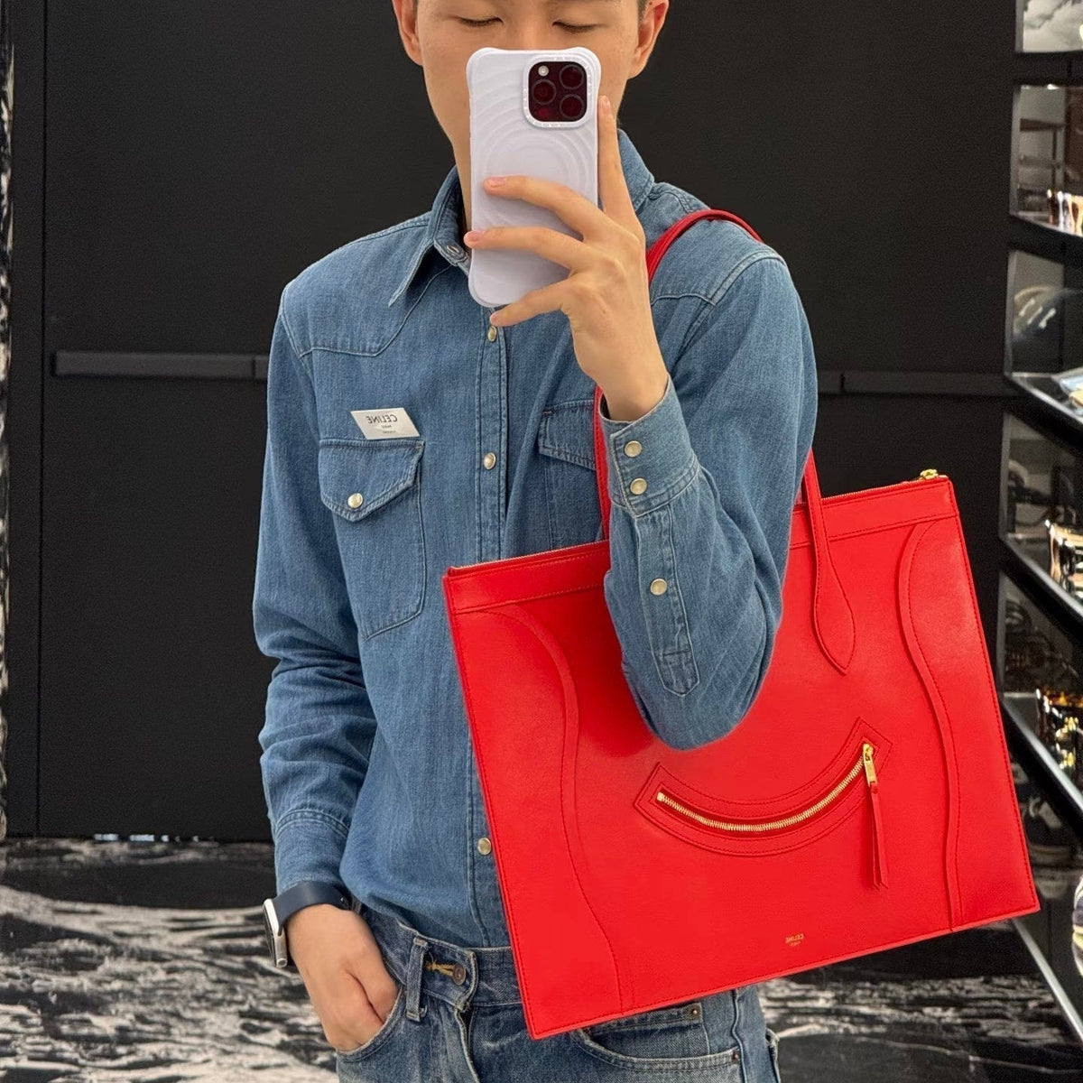 Celine 25S Flat Cabas New Luggage 44mm in Red Glossy Calfskin Bag