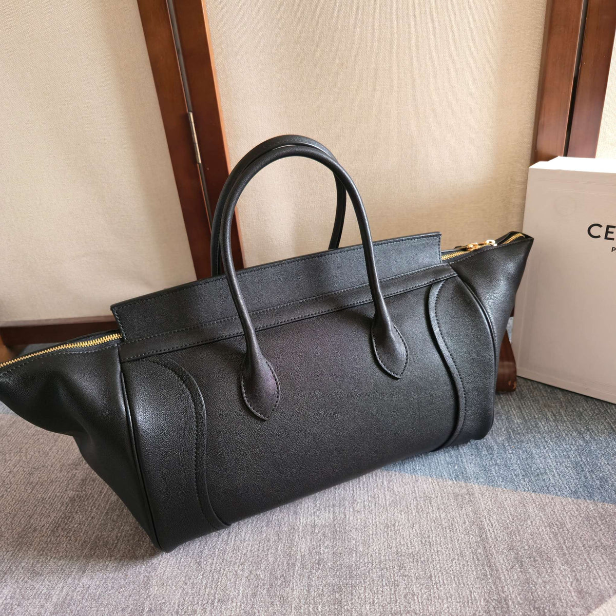 Celine 25S Medium Smiling New Luggage 36mm in Black Supple Shiny Lambskin Bag