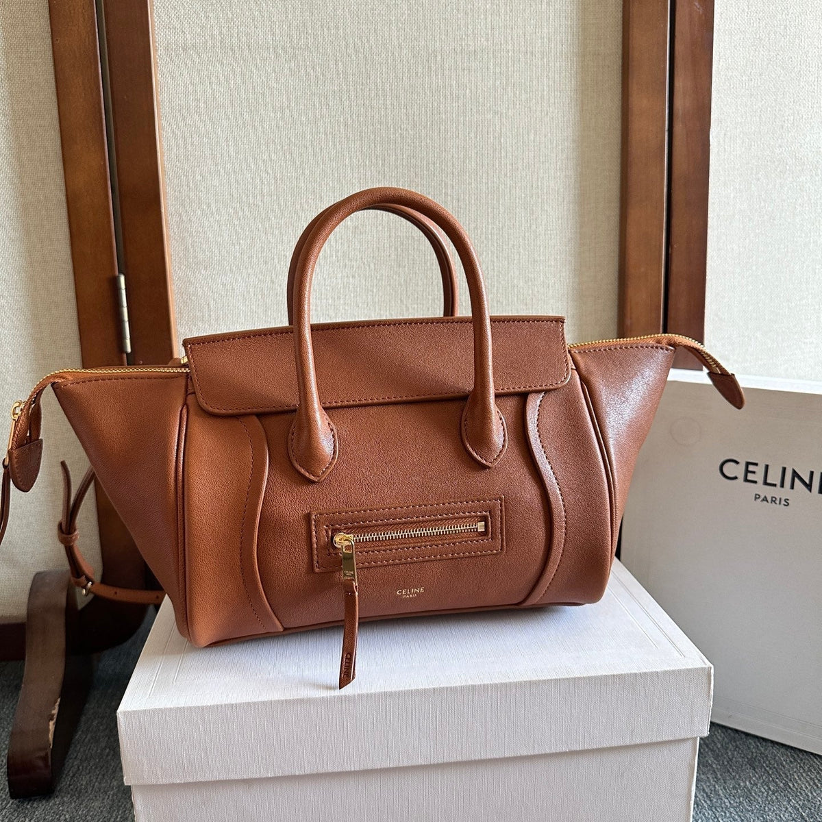 Celine 25S New Luggage 36mm in Caramel Brown Calfskin Gold Hardware Bag