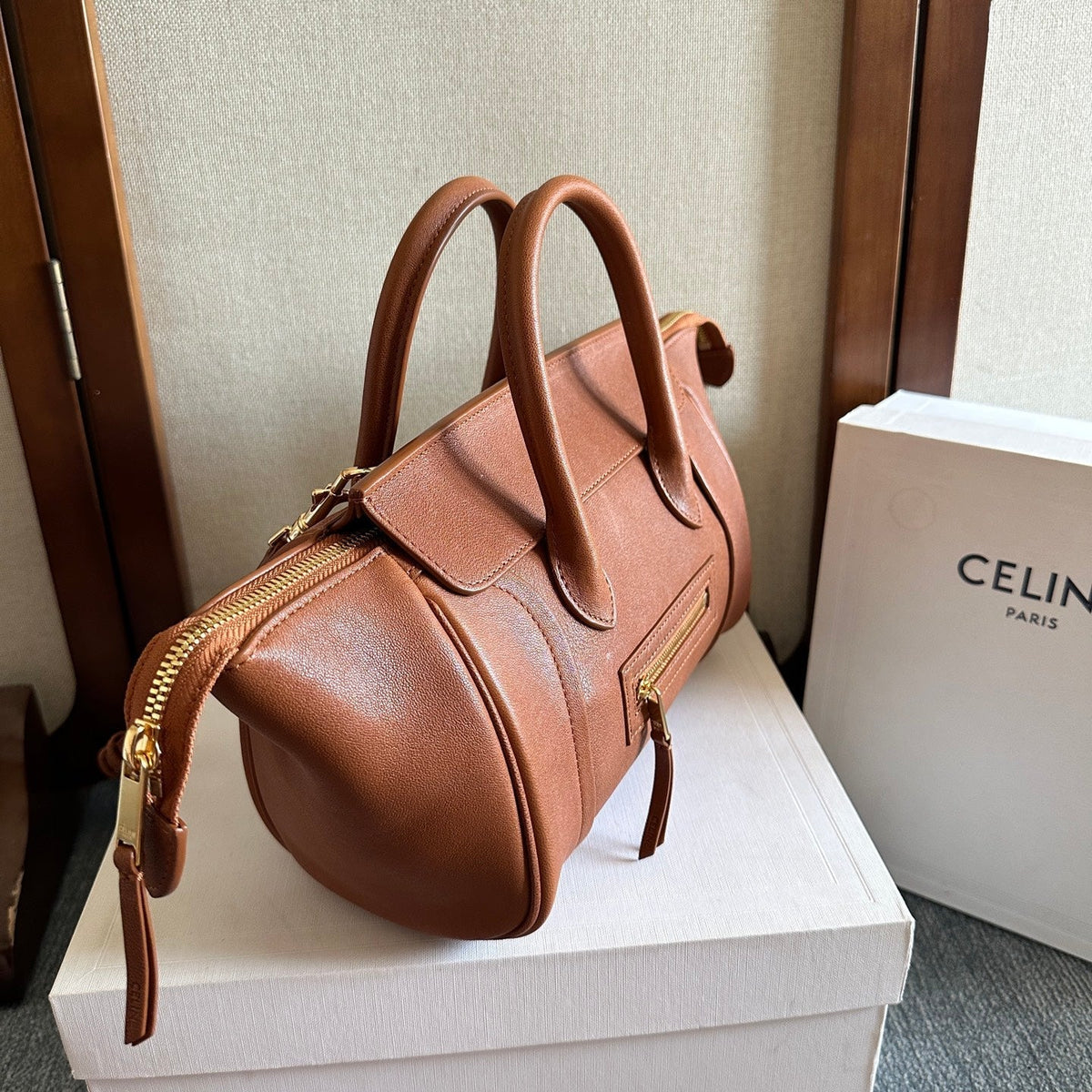 Celine 25S New Luggage 36mm in Caramel Brown Calfskin Gold Hardware Bag