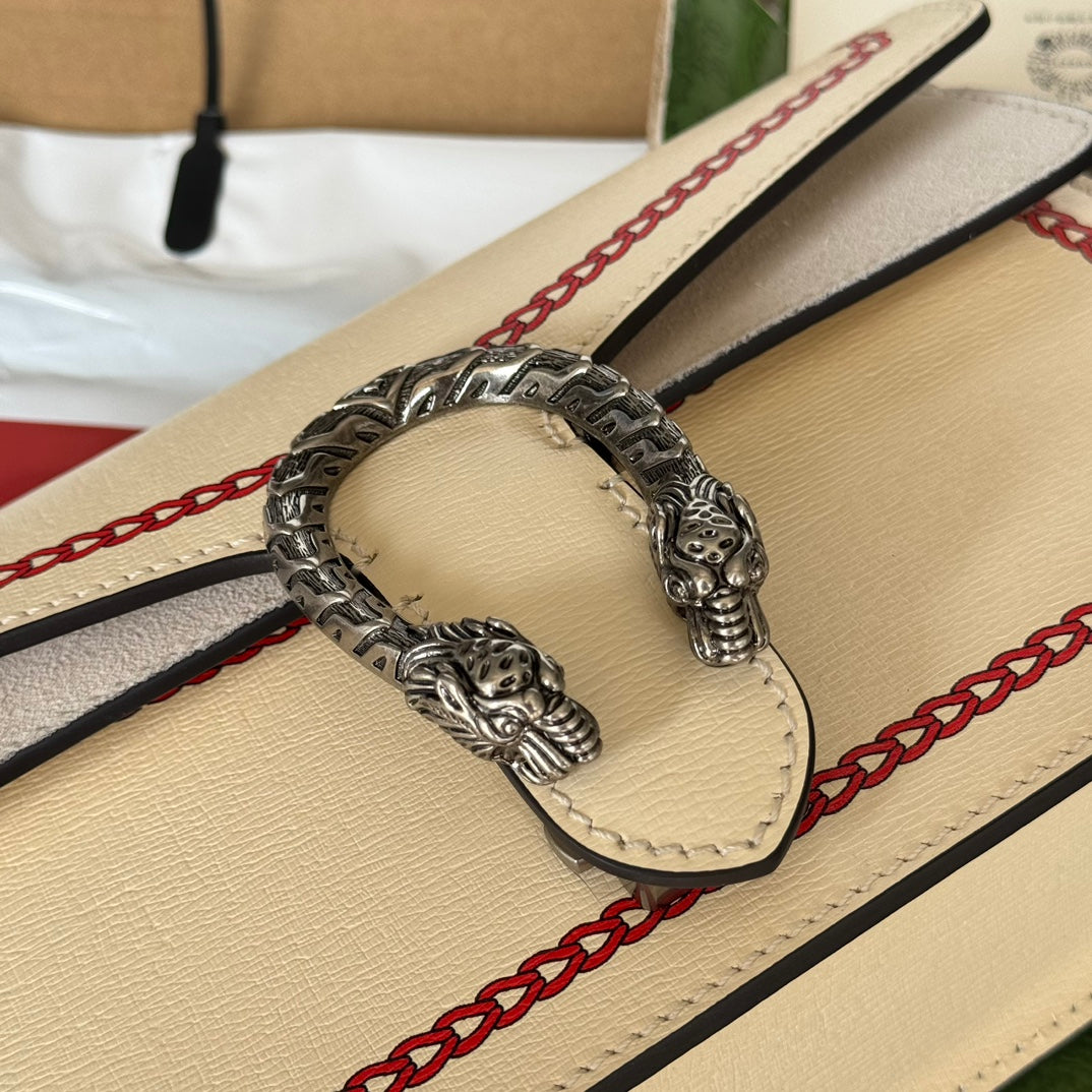 Gucci Dyonysus Small Shoulder Bag 25 in Beige Mix Red Calfskin Dragon Logo Print