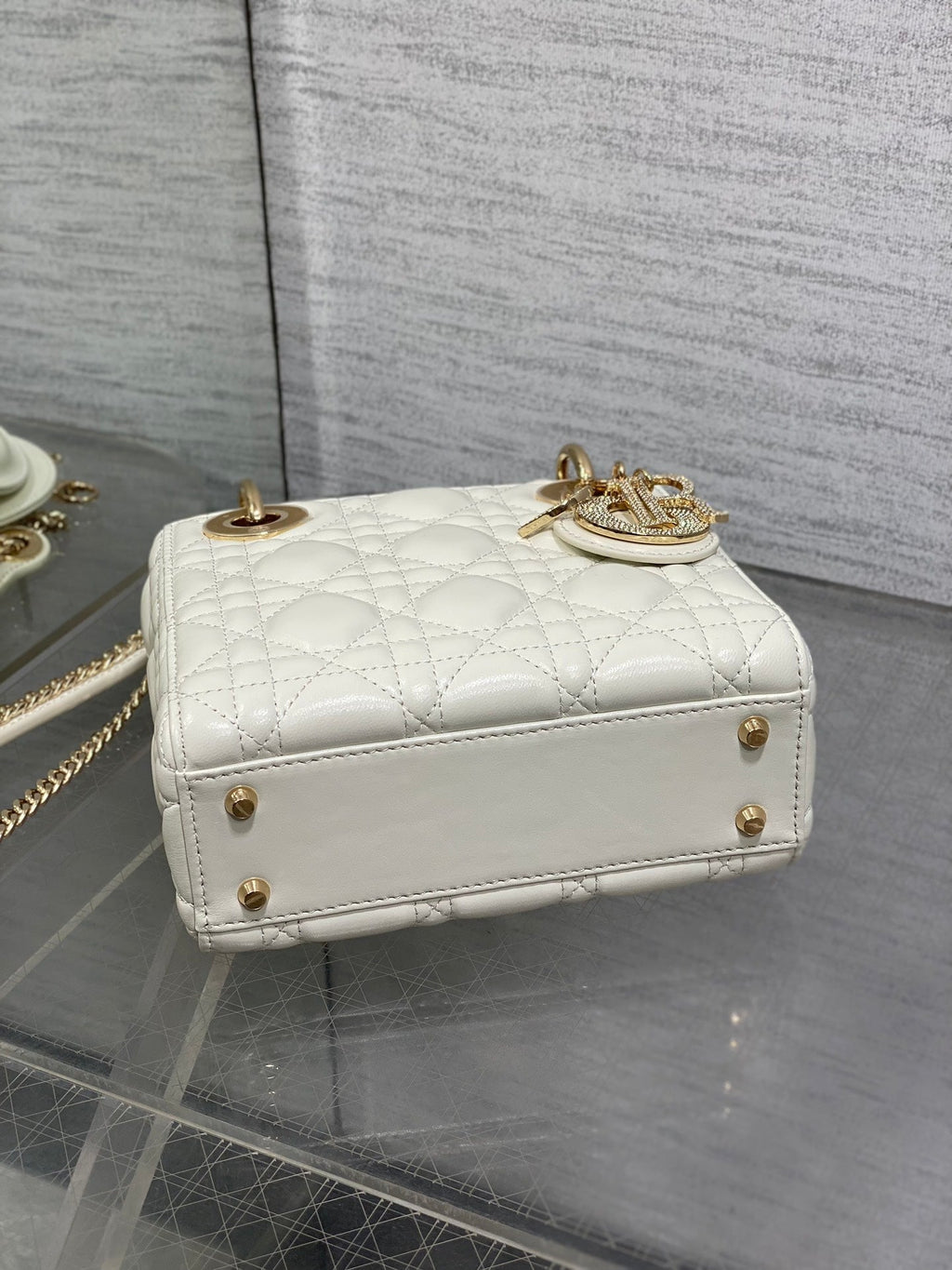 Dior 25S Mini Lady Bag 17 in Ivory Calfskin Charm Crystal Embellishments